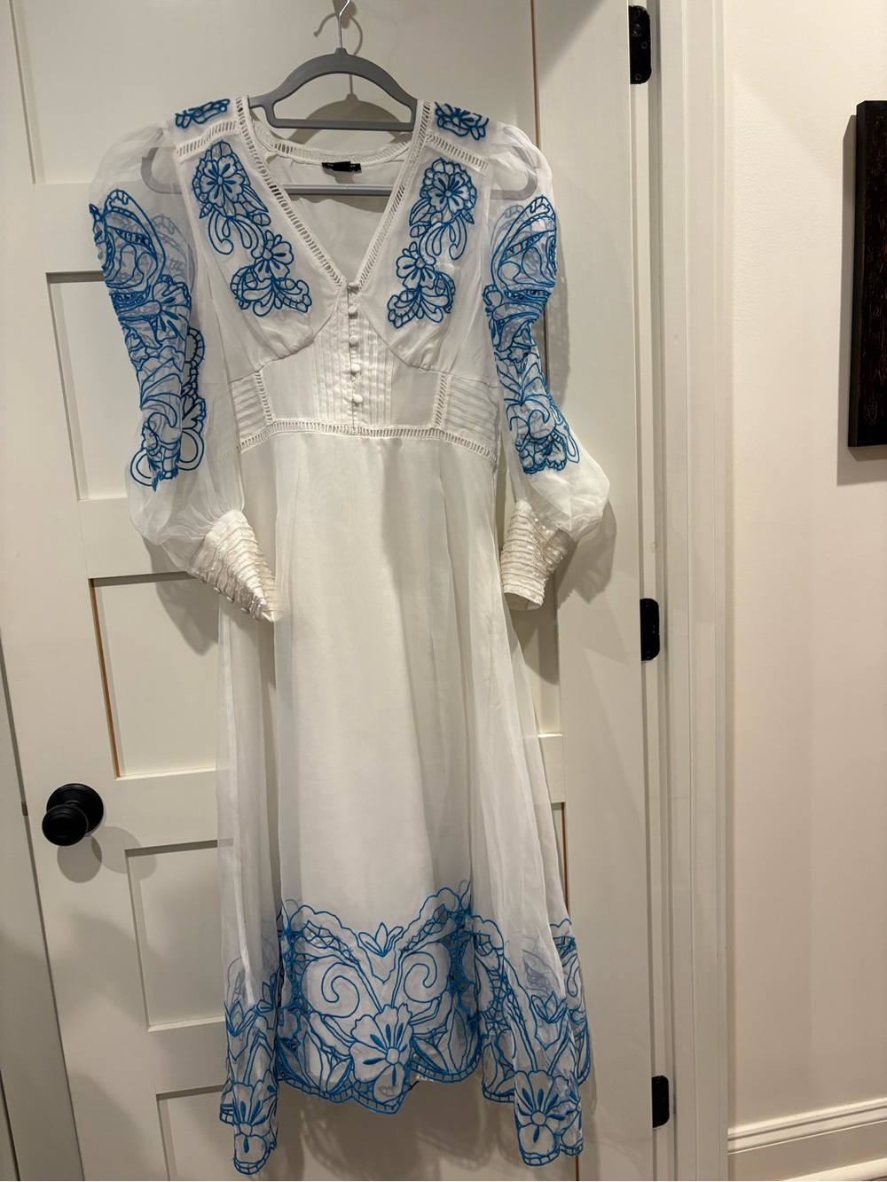 Karen Millen White Midi Dress with Blue Embroidery